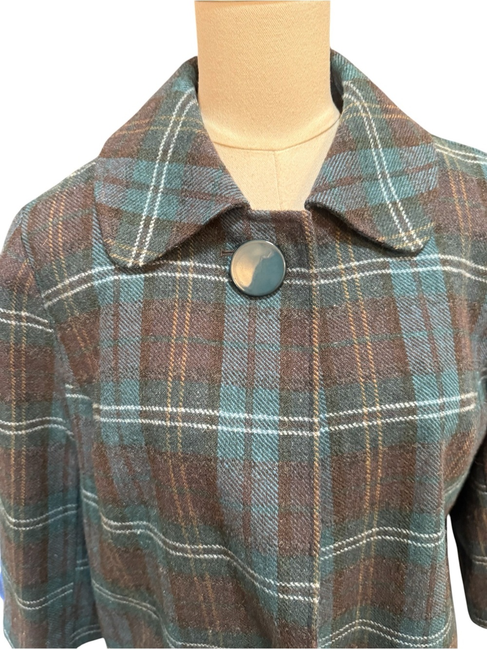 Harve Benard Plaid Cropped Jacket Green Brown 3/4 Sleeve Wool Blend Size L - Picture 6 of 9